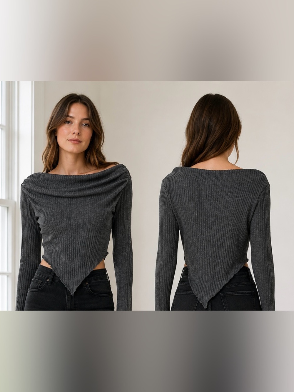SHEIN Charcoal Ribbed Off-Shoulder Point Hem Sweater